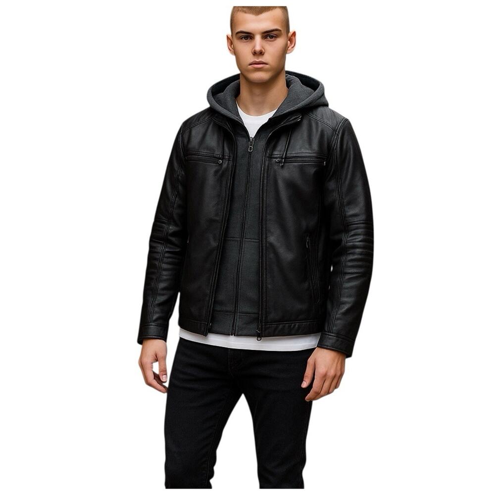Levi's Jacket Mens Size M Black Faux Leather Moto Hooded Biker Style Quilted